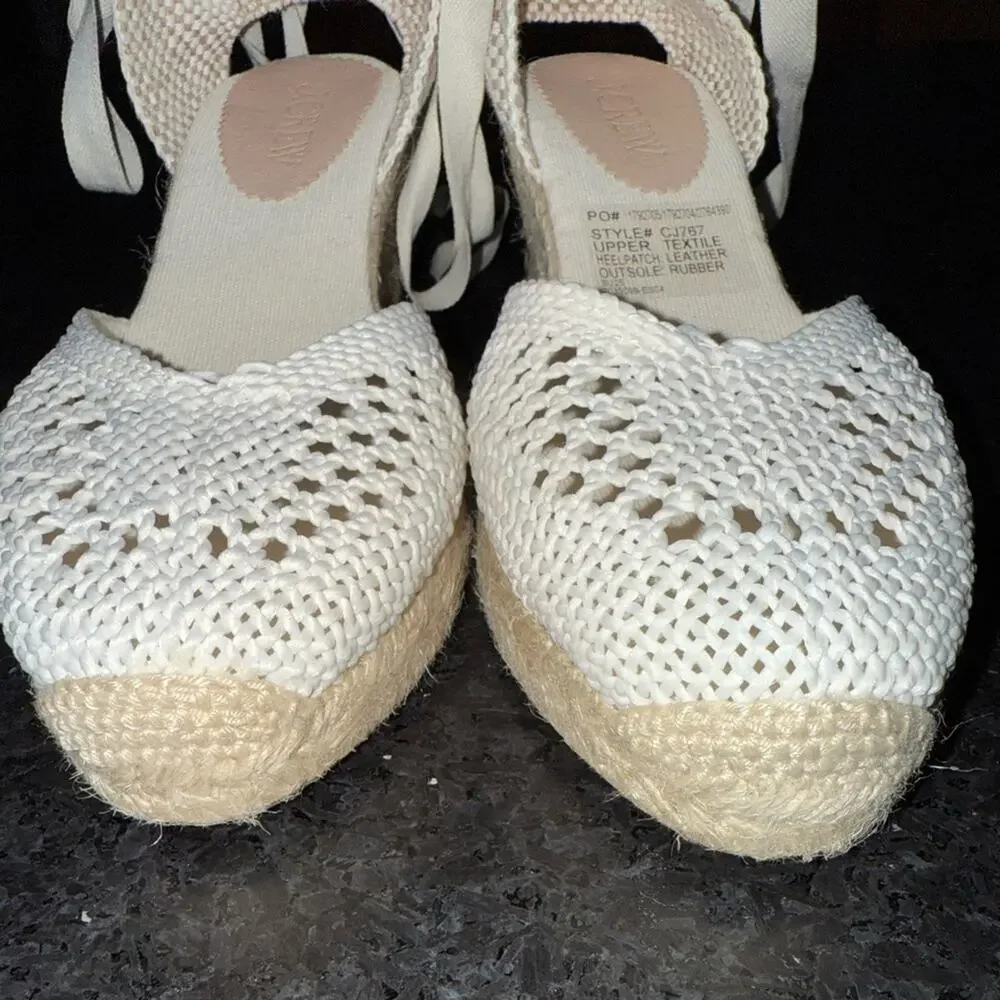 NEW J.Crew Made-in-Spain Lace-up Espadrilles Crochet Cream Wedges SZ 9 PERFECT
